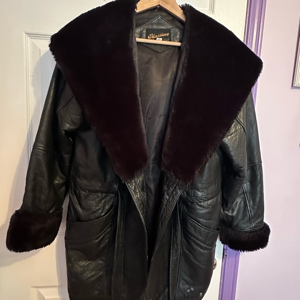 Black and Brown Leather Jacket with Fur Trim